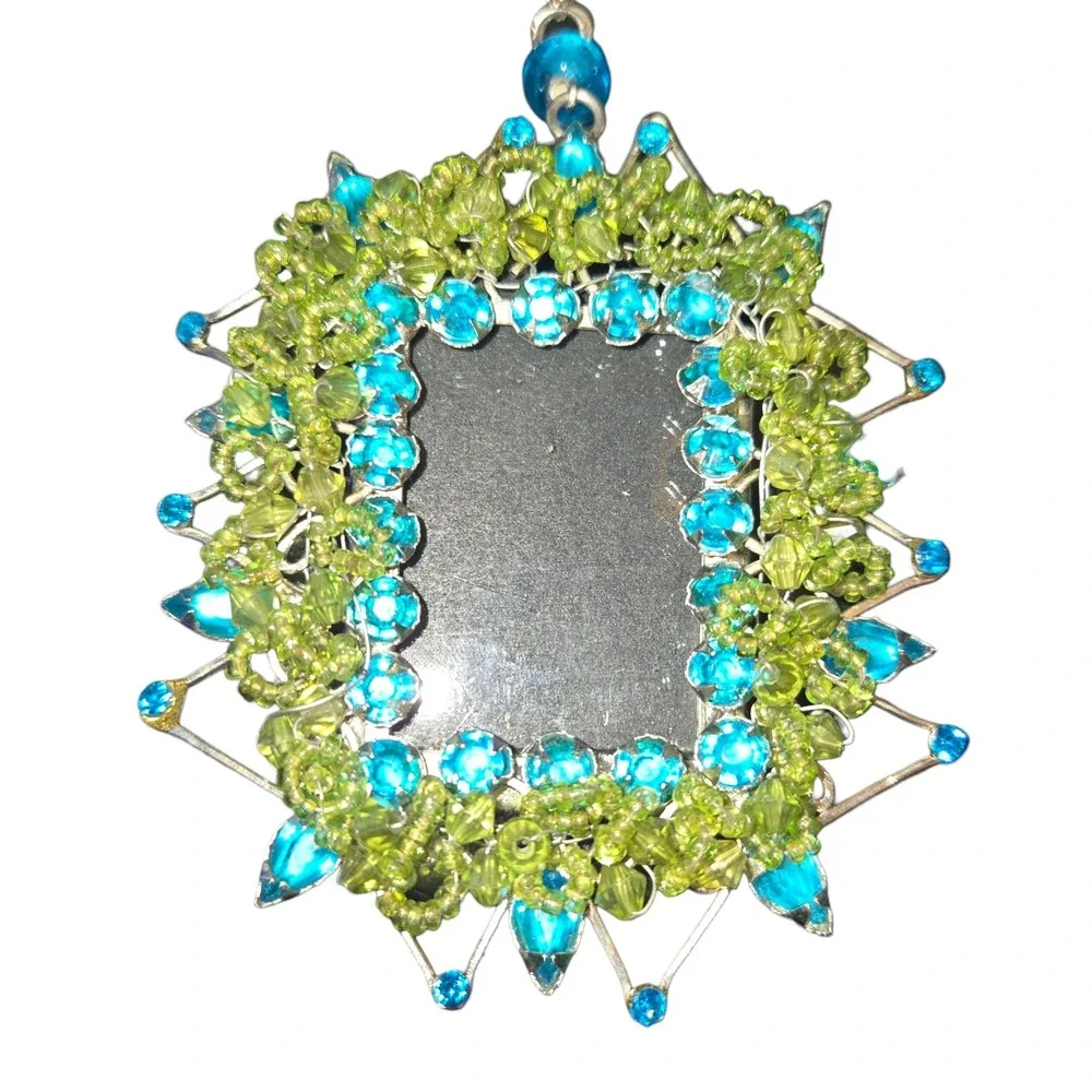 Pier 1 Photo Frame Ornament OS Green‎ Blue Beaded Jeweled Sunburst 6.5